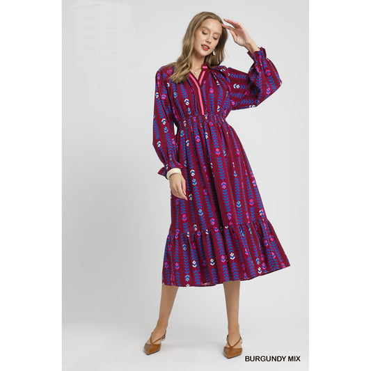 Umgee - Striped, Floral Print, Midi Dress 5449 - Burgundy Mix
