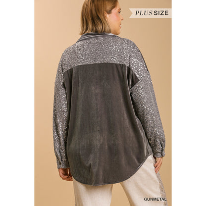 Velvet Collar Button Down Jacket w Sequin Sleeves & Chest Pocket 0333 - Gun Metal