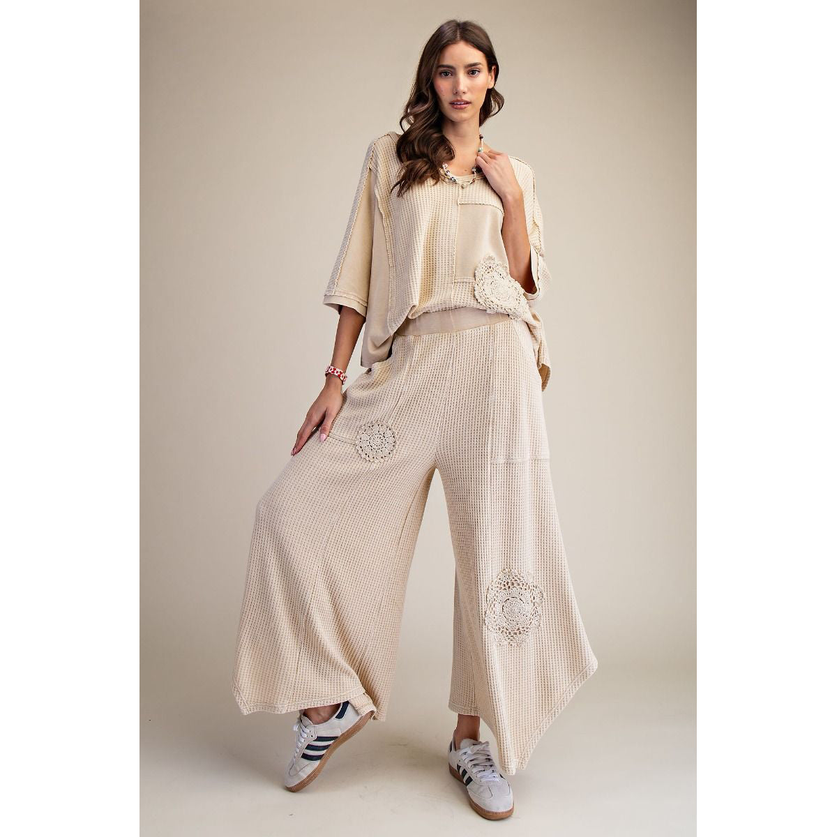 Easel - Crochet Patch, Detail Thermal Top & Pants Set 7947 / 7003 - Khaki