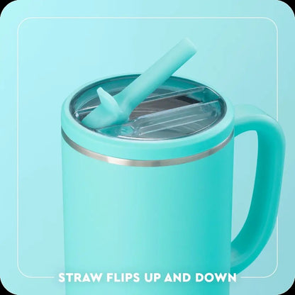 A mint green insulated tumbler with a handle, clear lid, and matching straw, shown on a light blue background with text reading 'STRAW FLIPS UP AND DOWN'.
