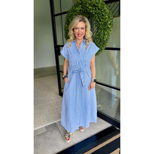 DZ -  Striped, Poplin, Belted, Shirt Dress w Pockets 129 - Blue