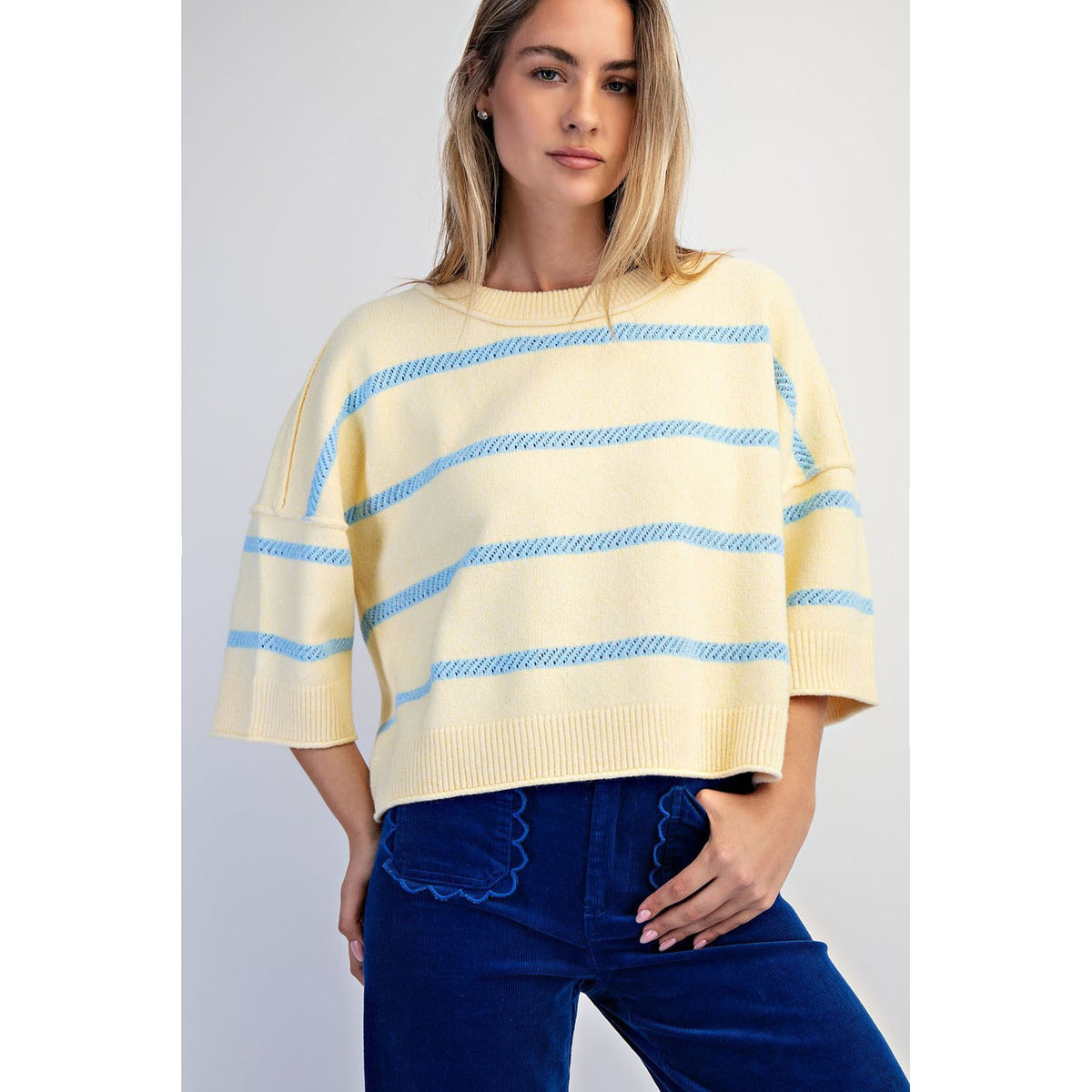 Softest Luxe Striped Crew Sweater Top 0107 - Lemon/LT Blue