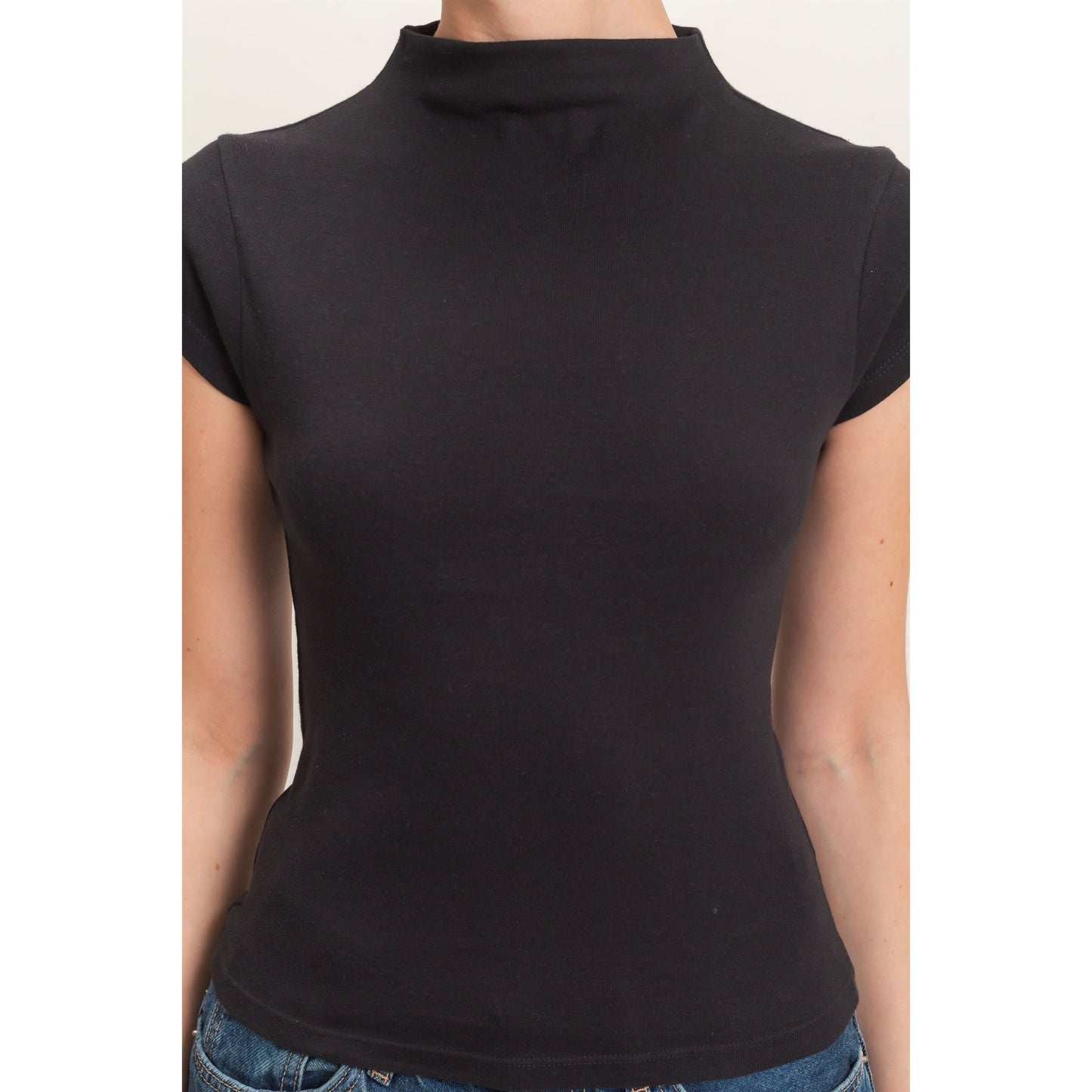 Mock Neck Cap Sleeve Cotton Top 323 – Black