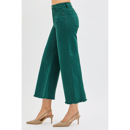 Risen - Tummy Control, High Rise, Crop Wide Jeans 5506 - Hunter Green - SALE
