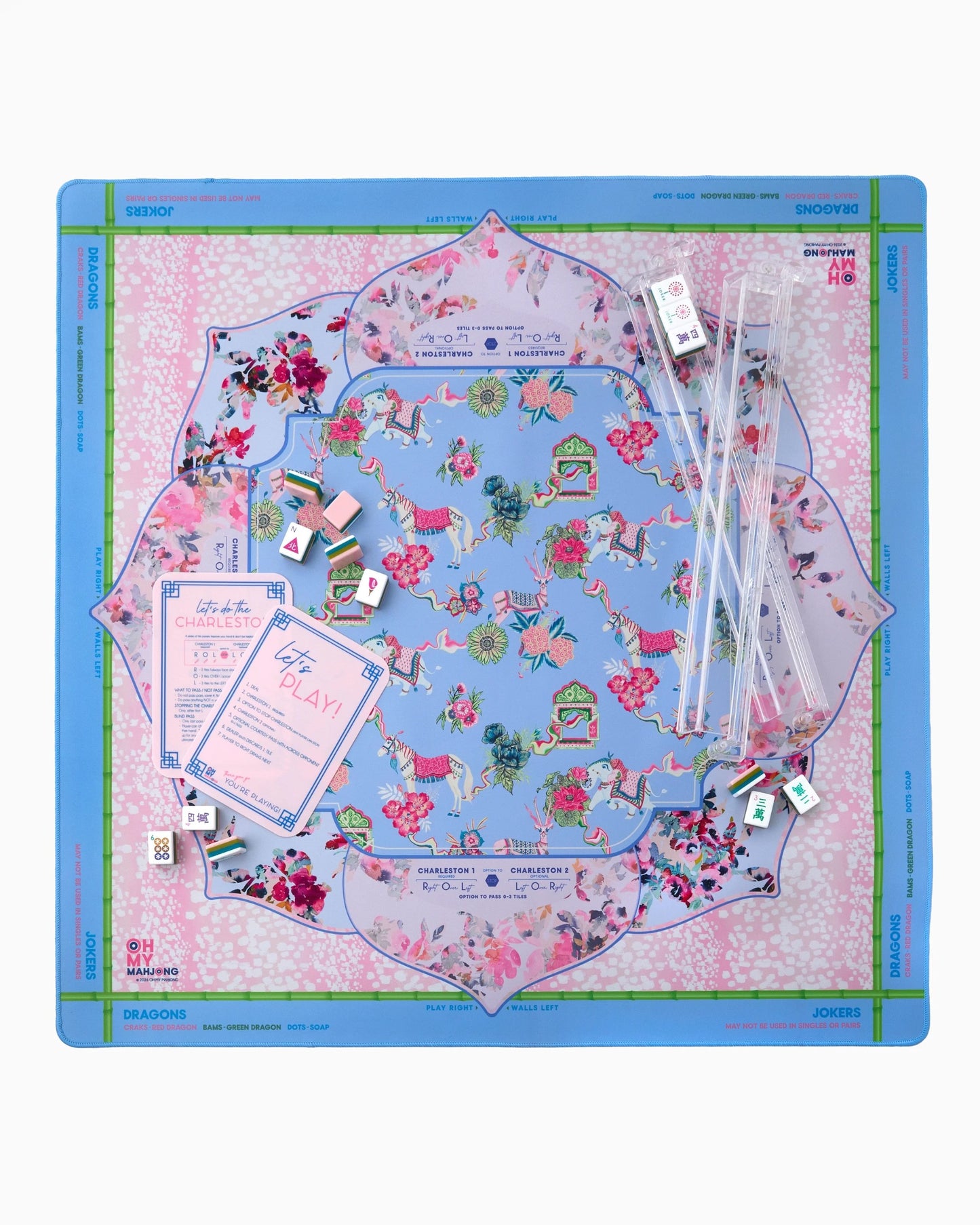 Board game with colorful design on a pink and blue board