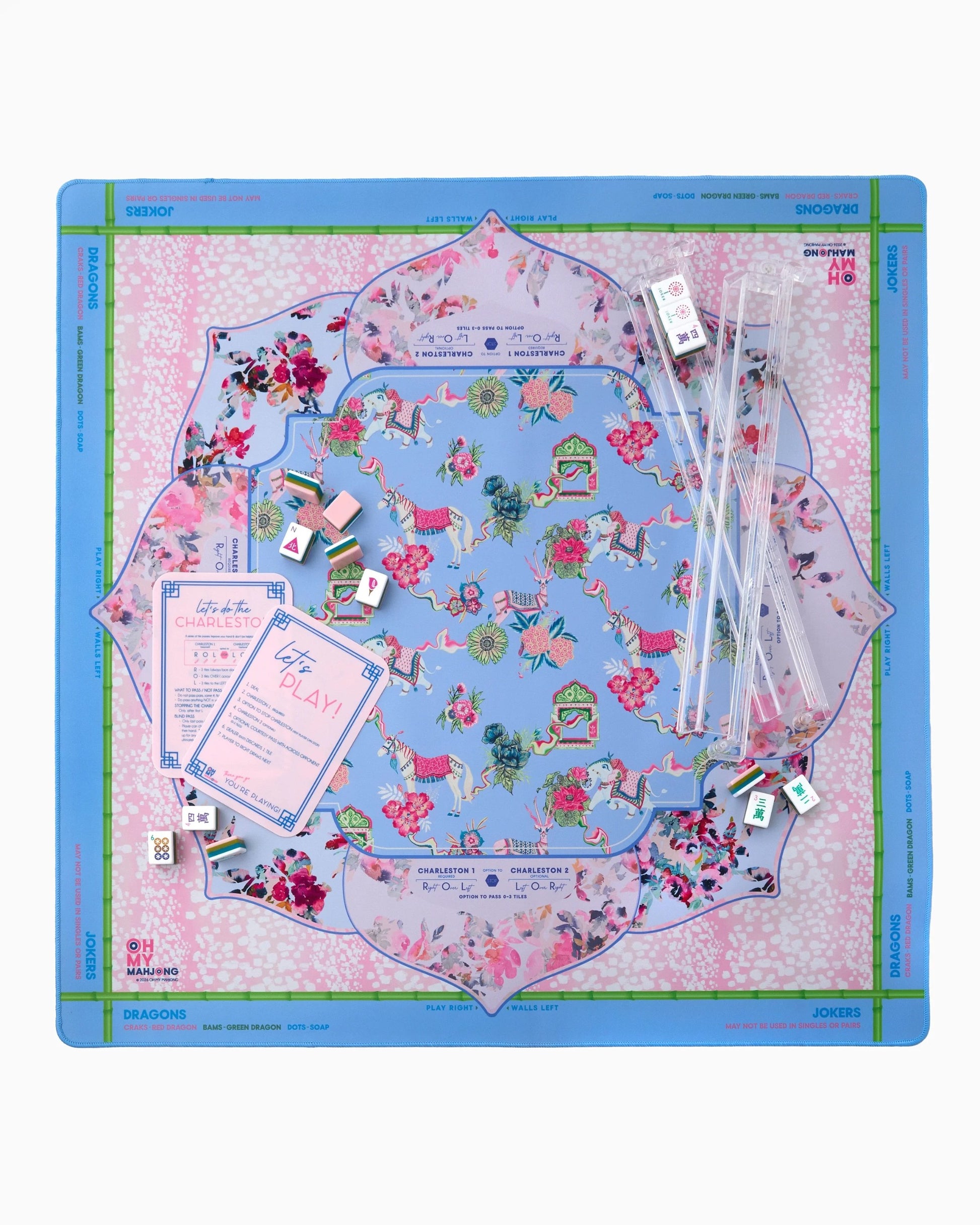 Board game with colorful design on a pink and blue board