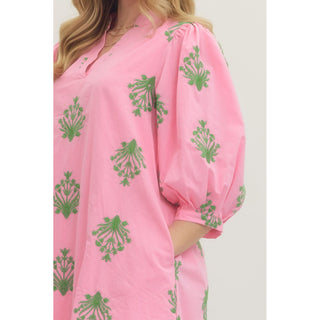 Entro - Embroidered, ¾, Puff Sleeve, Mini Dress 0226 - Pink