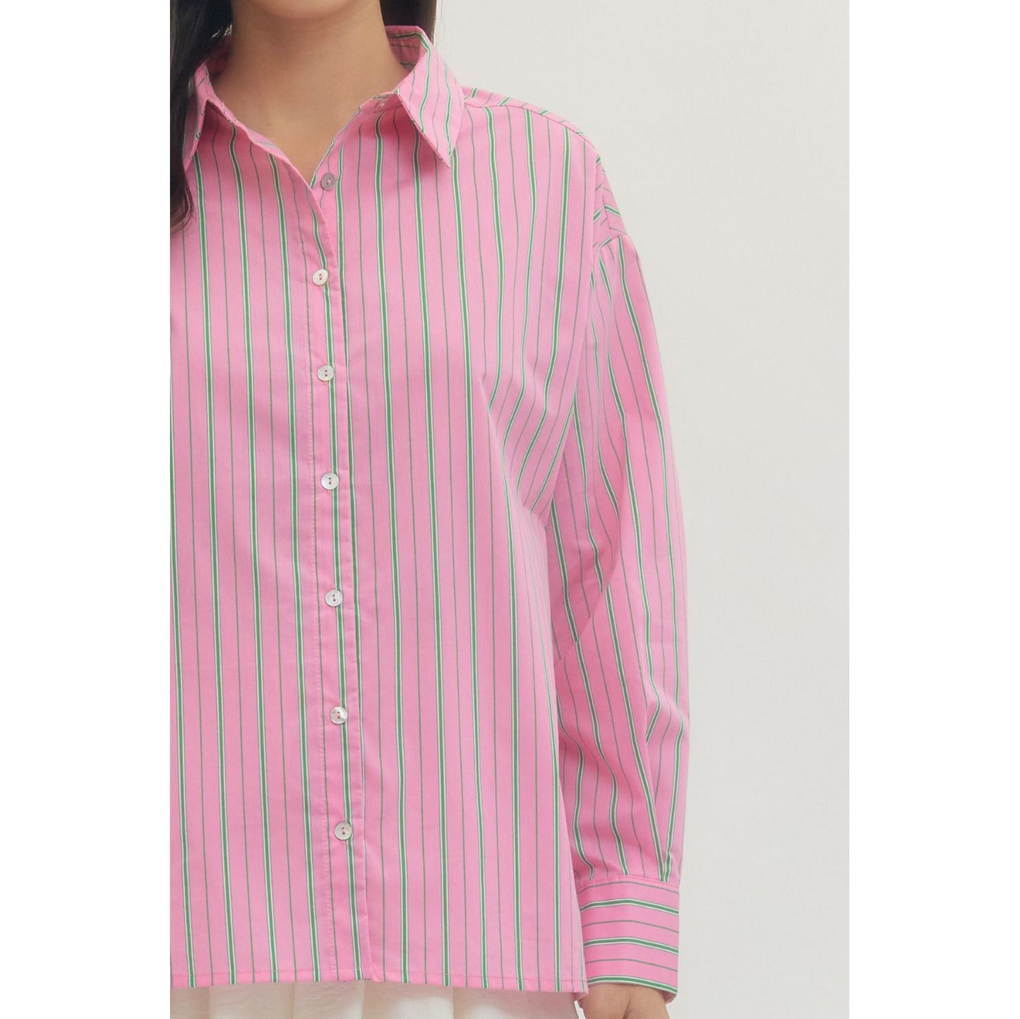 Entro - Striped, Long Sleeve Button Up Top 0121 - Pink