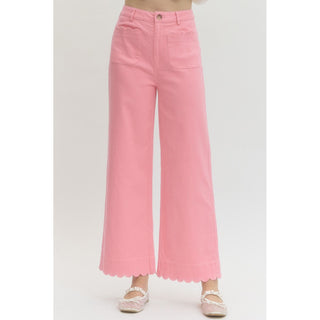 Pink Scallop Trim Wide Leg Pants – High Waist Statement Trousers 9031 SALE