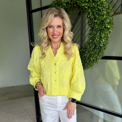 JL - ¾ Sleeve, 3D Floral Top 2376 - Yellow
