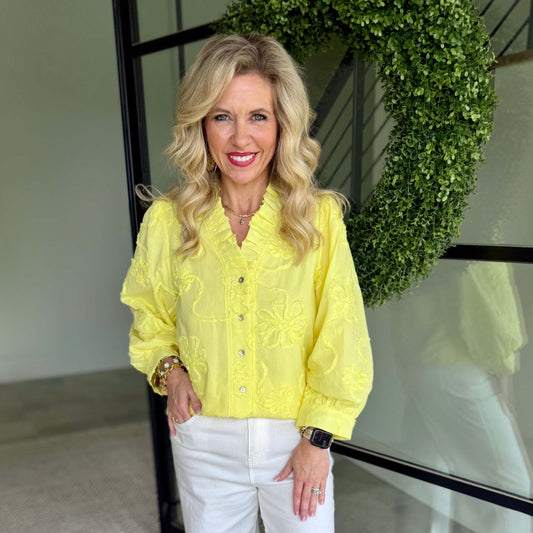 JL - ¾ Sleeve, 3D Floral Top 2376 - Yellow