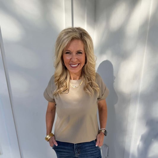 Pinch -  Faux Leather, Cap Sleeve Top 6517 - Taupe