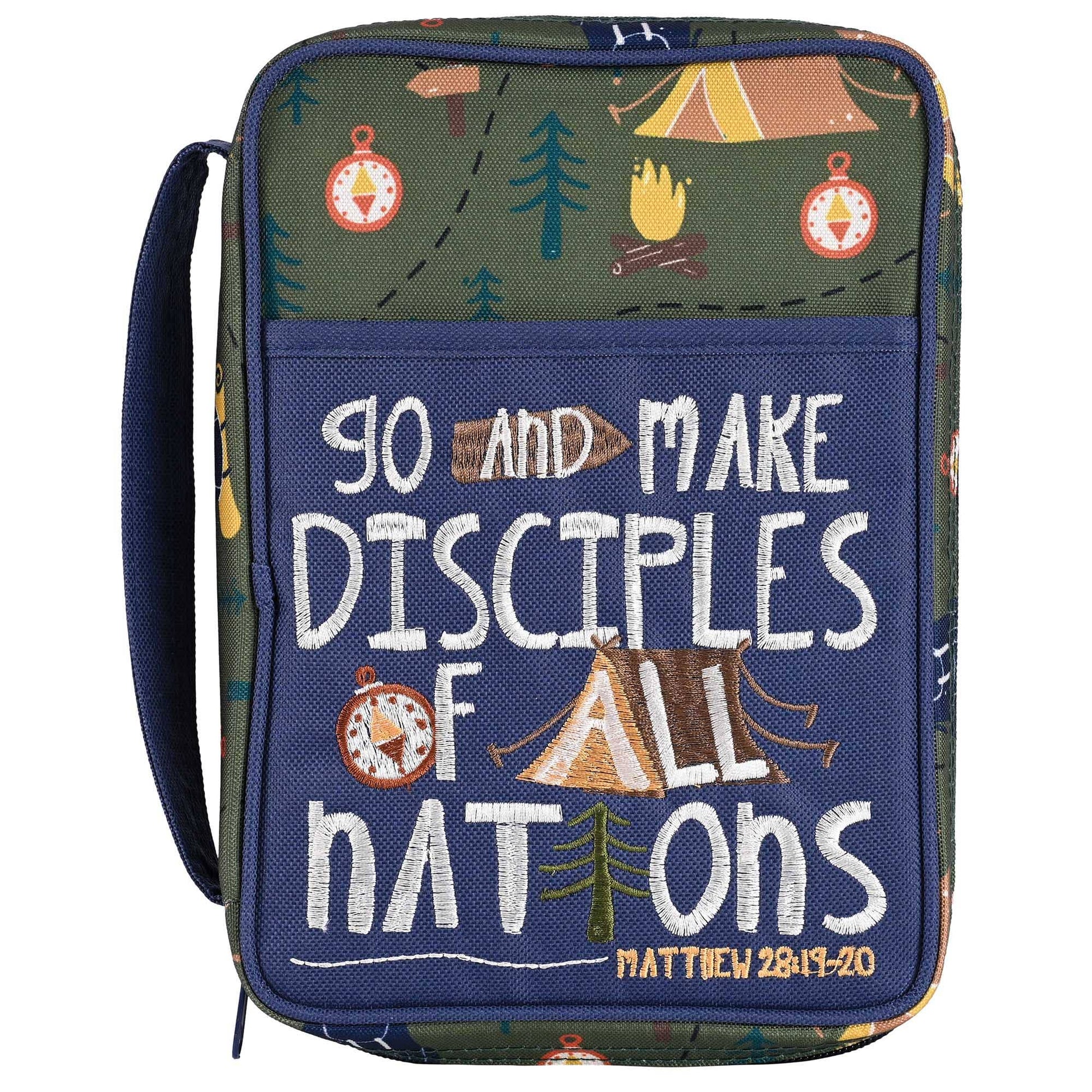 Bag with camping design and text 'Go and make disciples of all nations' on a white background