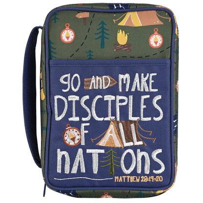 Bag with camping design and text 'Go and make disciples of all nations' on a white background