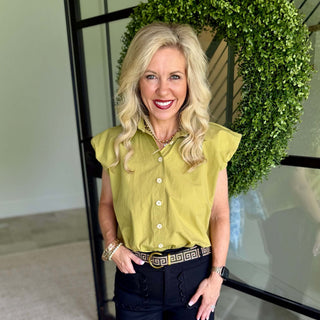 Karlie Solid Poplin Bubble Sleeve Button Top – Citrine