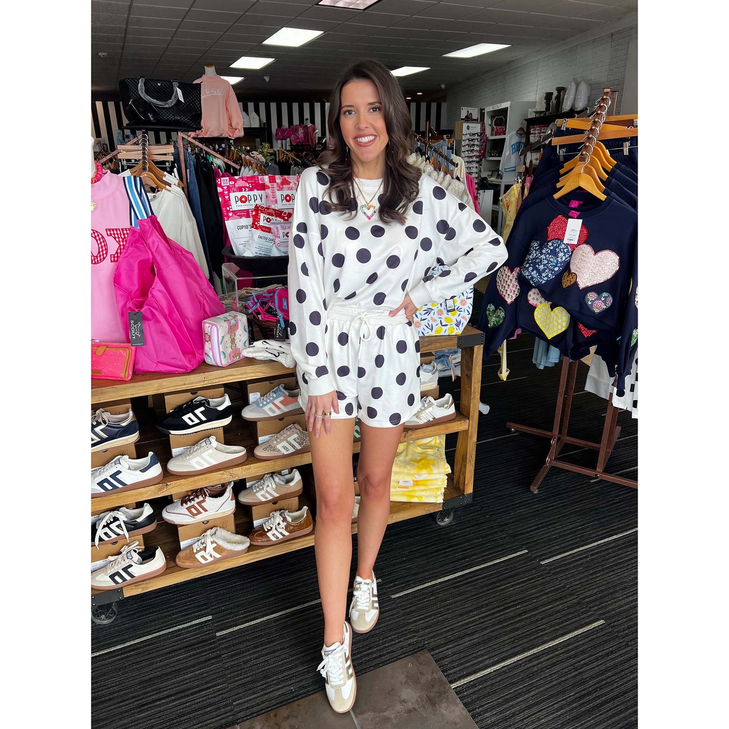 TW - Polka Dot Sweatshirt & Shorts Set - Black / White