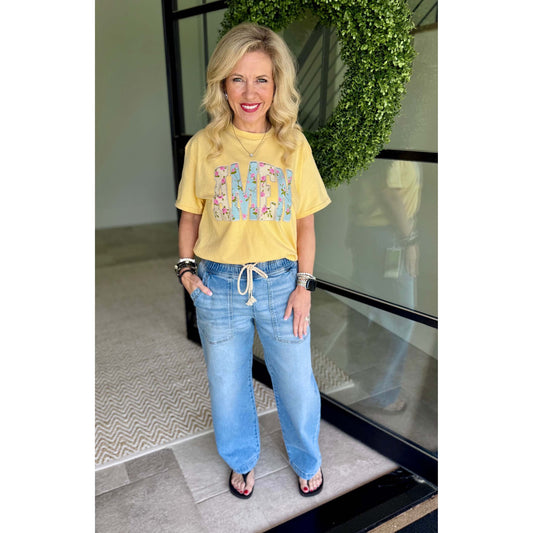 Risen - Elastic Waistband, Slouchy Crop, Baggy, Patch Pocket Jeans 1591 - Medium