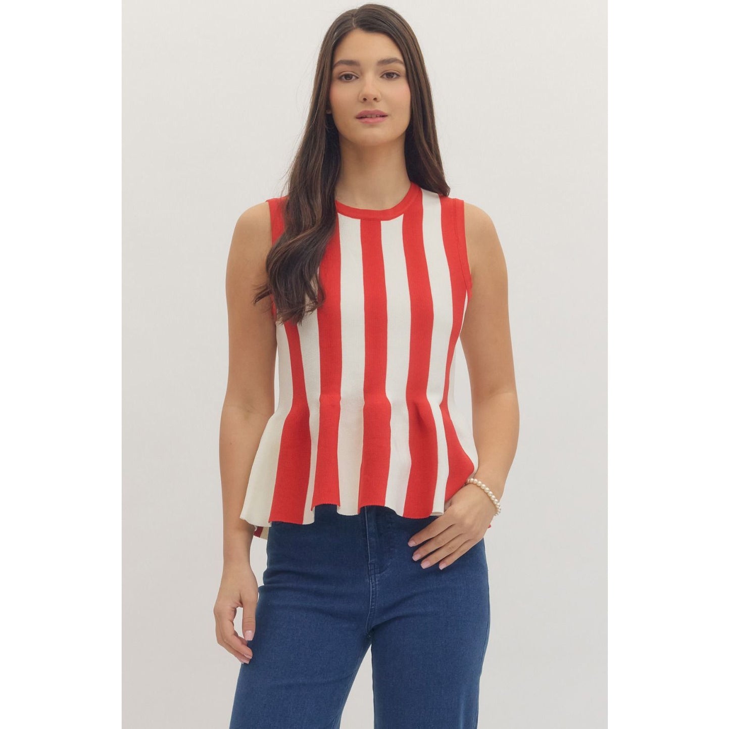 Red & White Striped Sleeveless Peplum Top – Knit Tank 1153