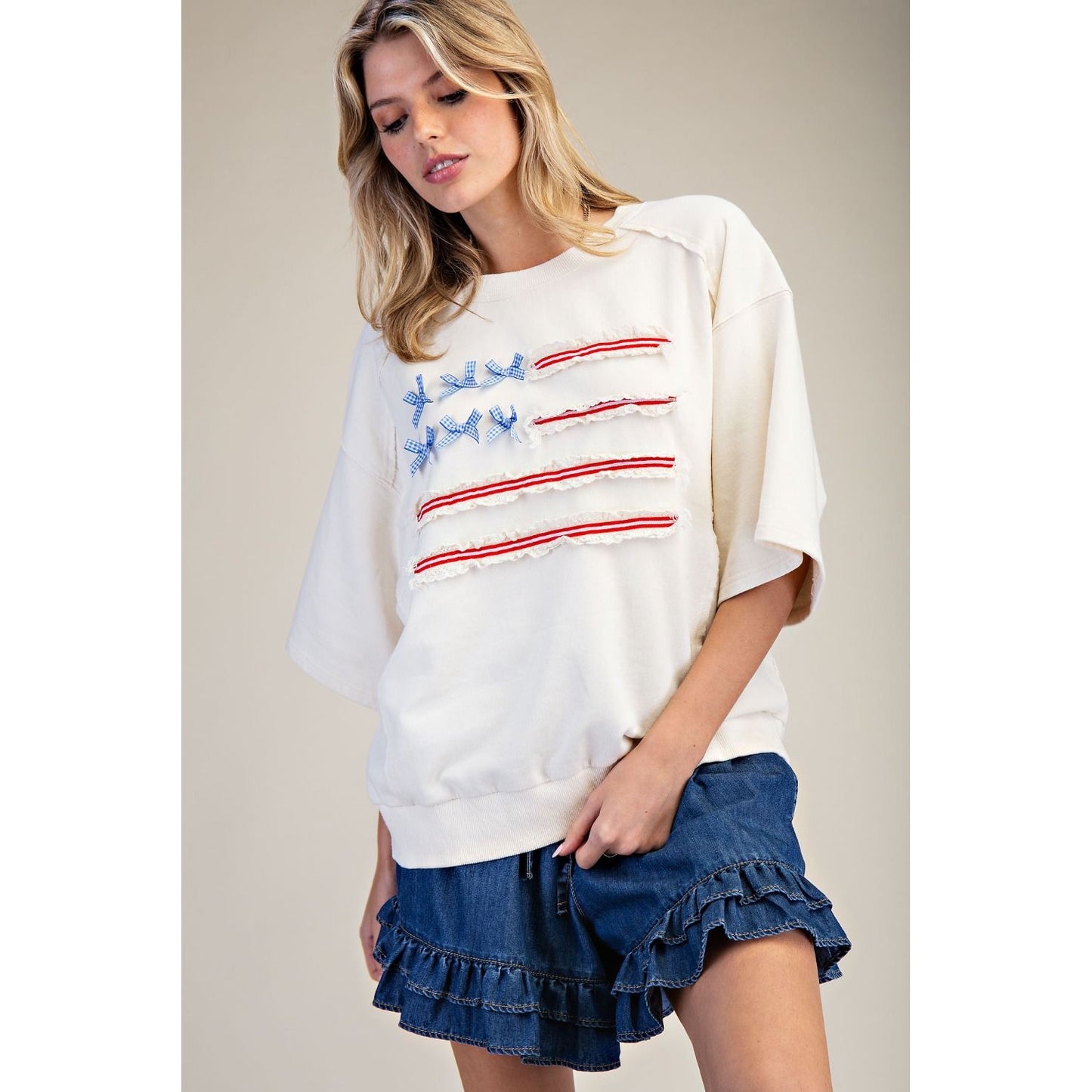 American Flag Washed Terry Pullover Top – Ivory 1893