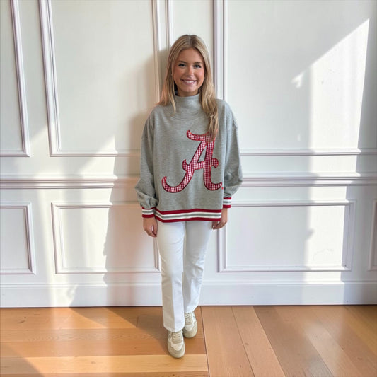 Queen of Sparkles Licensed Alabama Grey Gingham Mascot Mock Neck Sweatshirt
