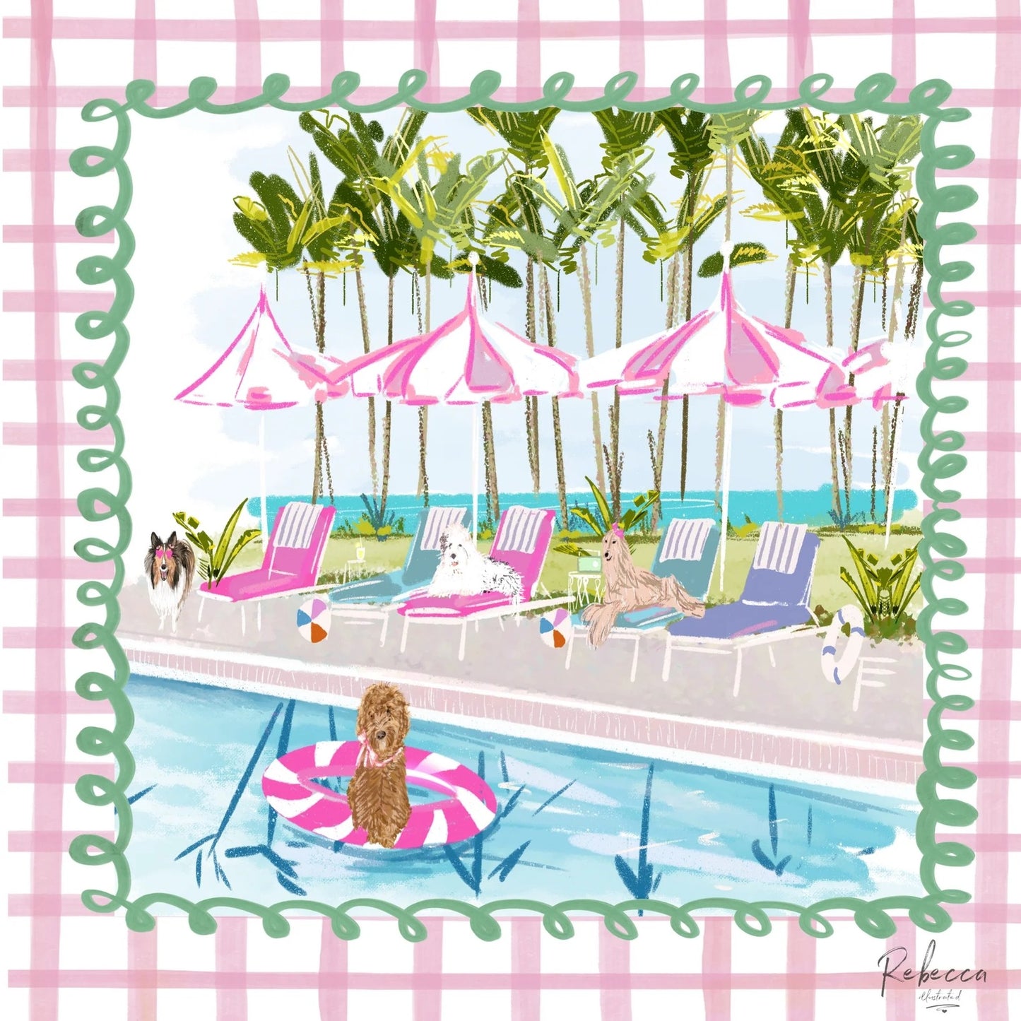 Rebecca Illustrated Pool Pawty Mahjong Mat | 32" x 32"