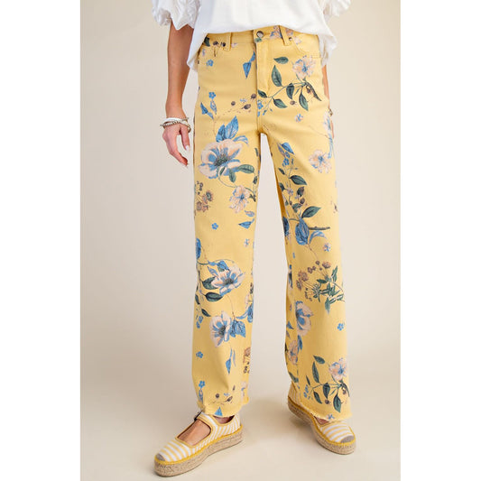 Easel - Flower Print, Stretch Twill Pants 1372 - Misty Yellow