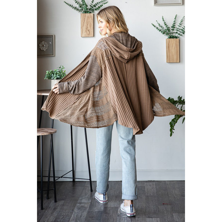 O&H - Mineral Washed, Lace Detail, Cardigan w Hood 0446 - Coffee