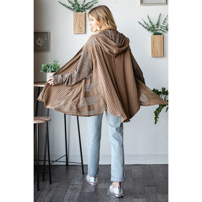 O&H - Mineral Washed, Lace Detail, Cardigan w Hood 0446 - Coffee