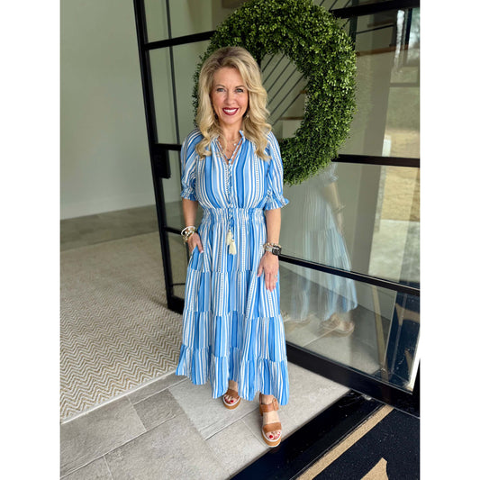 THML - Puff Sleeve, Striped Pattern, Midi Dress 3431 - Blue