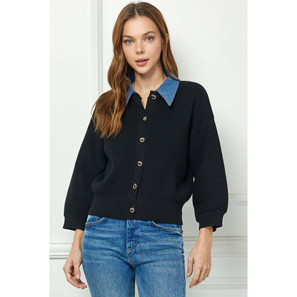 SAB - Sweater Cardigan w Denim collar 6054 - Black