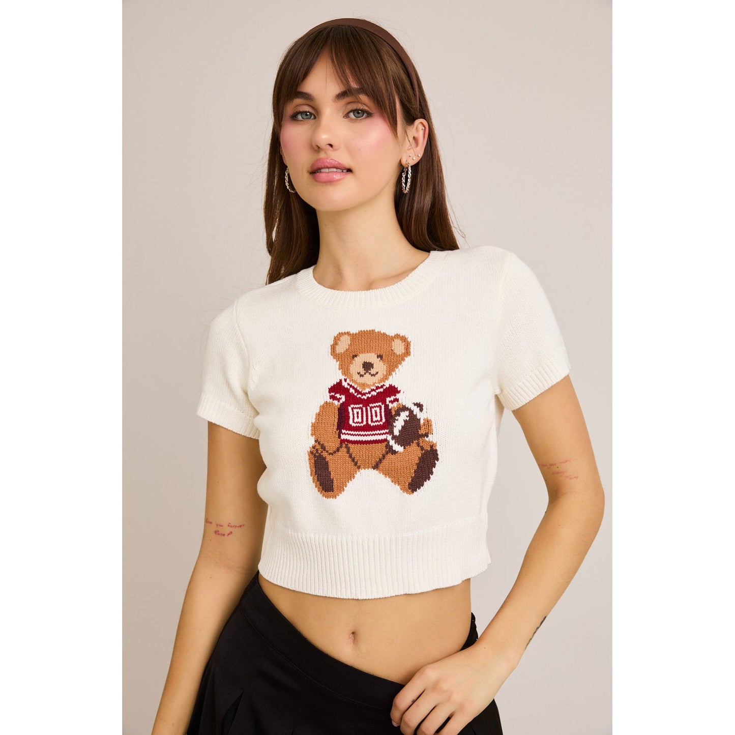 LL - Short Sleeve, Crew Neck, Teddy Bear Sweater Top 5170 - White / Red