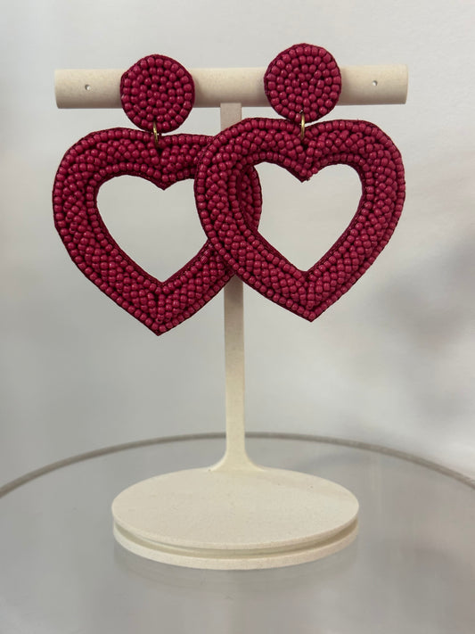 Valentines Earrings Beaded Open Heart 3001 - Pink