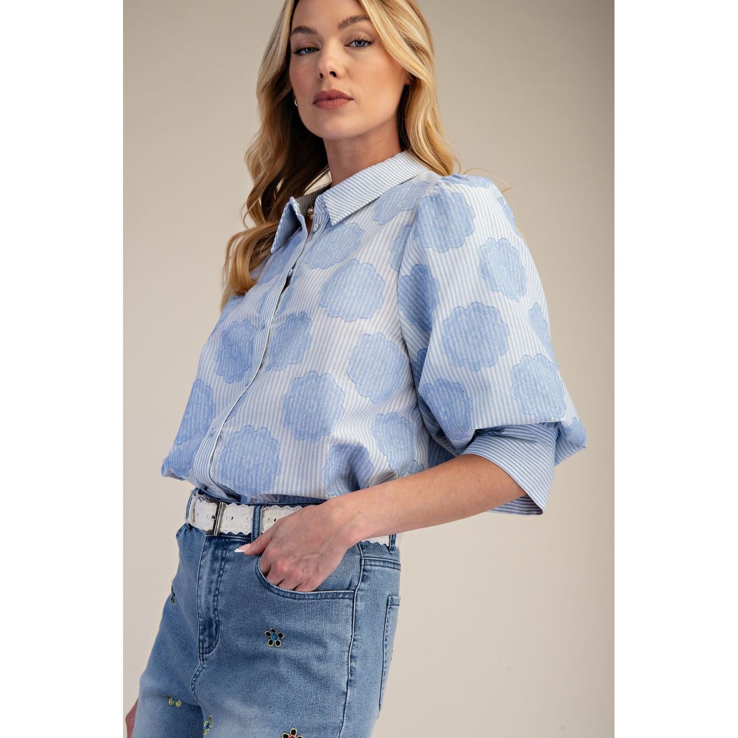 Easel - Striped, ¾ Bubble Sleeve, Button Down Top 1923 - Blue