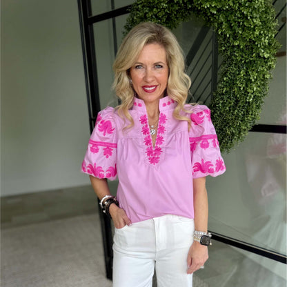 ENTRO -  V-Neck, Pullover Top w Embroidery Detail and Short Bubble Sleeve Top 8137 - Baby Pink