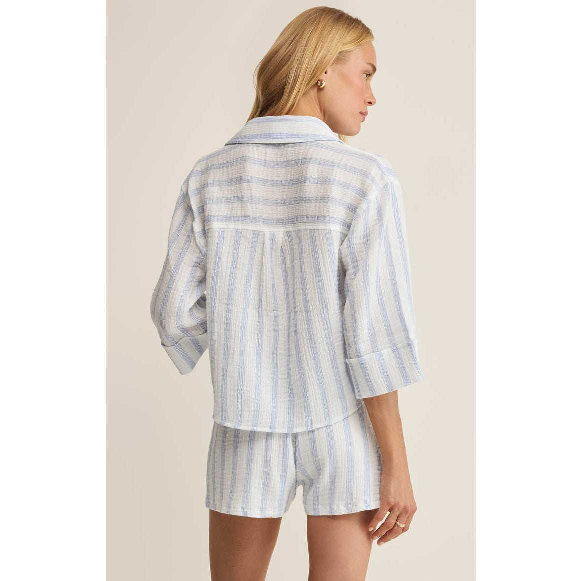 Helena Striped Airy Gauze Button Up – Sea Salt (Pairs with Daylight Shorts)