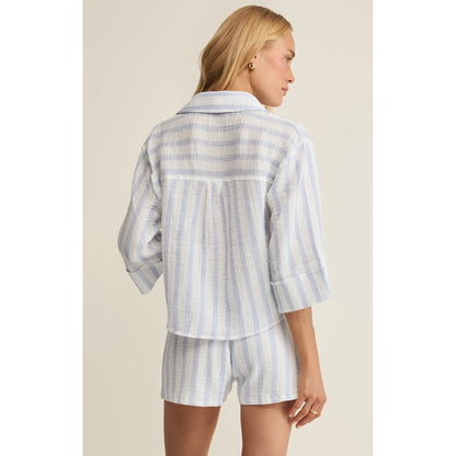 Helena Striped Airy Gauze Button Up – Sea Salt (Pairs with Daylight Shorts)
