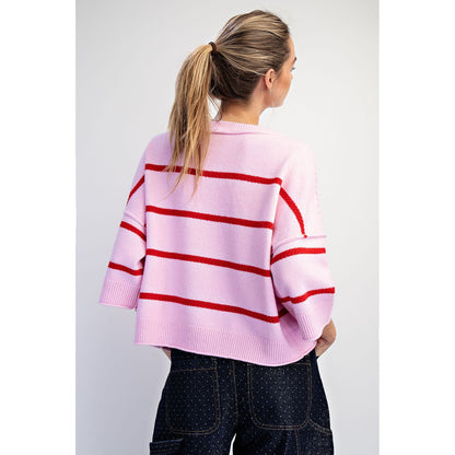 Softest Luxe Striped Crew Sweater Top 0107 - Taffy Pink/Red