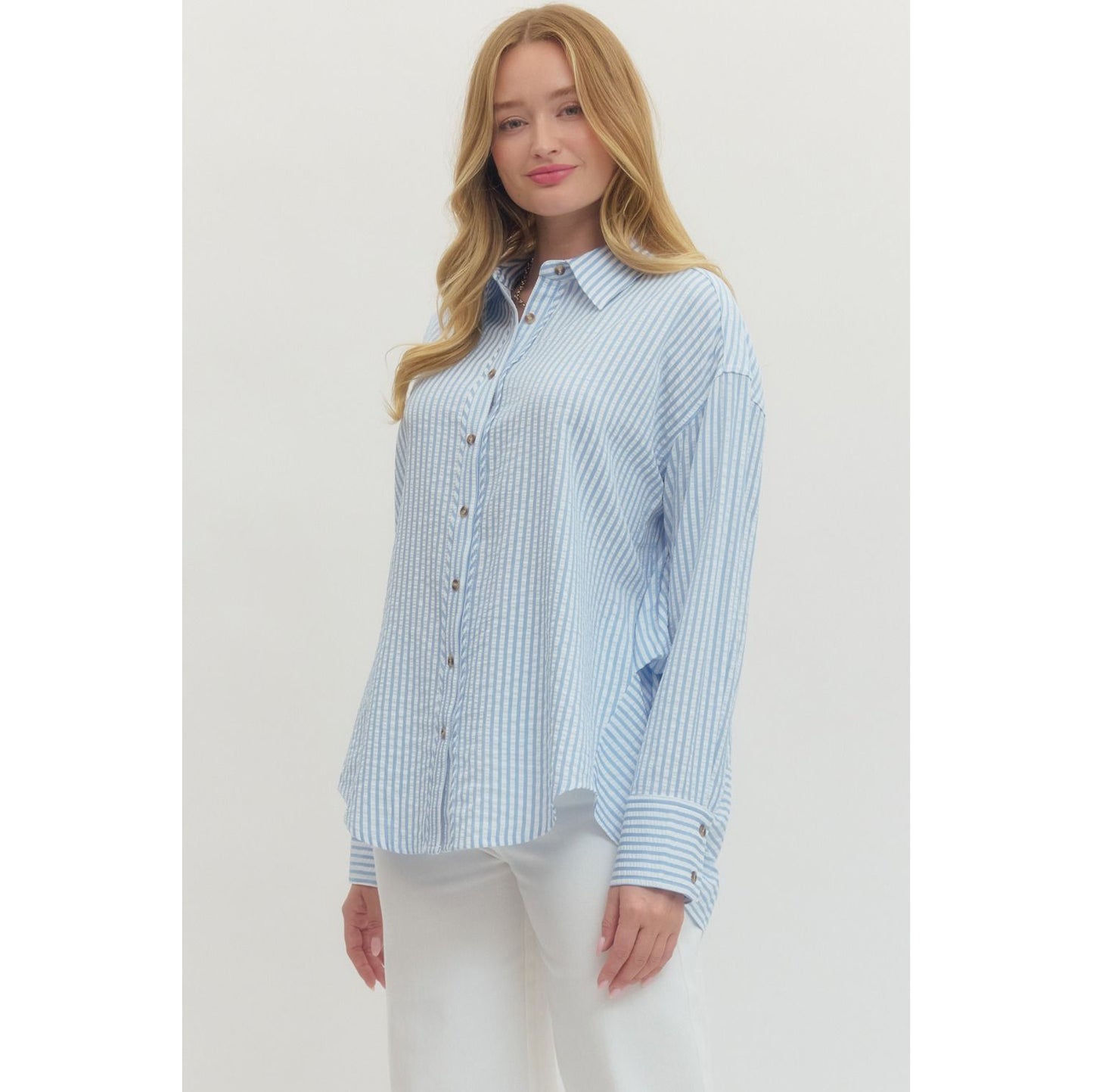 Entro - Striped, Long Sleeve, Button Down Top 7820 - Light Blue