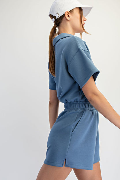 Rae Mode - Modal Scuba, Quarter Zip, Short Sleeve Romper 5113 - Paradise Blue