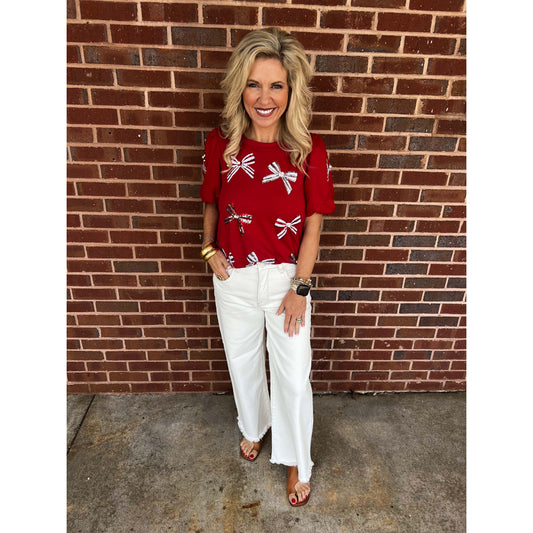 MS - Tina, Sequin Bow w Pearl Top 3111 - Crimson / White