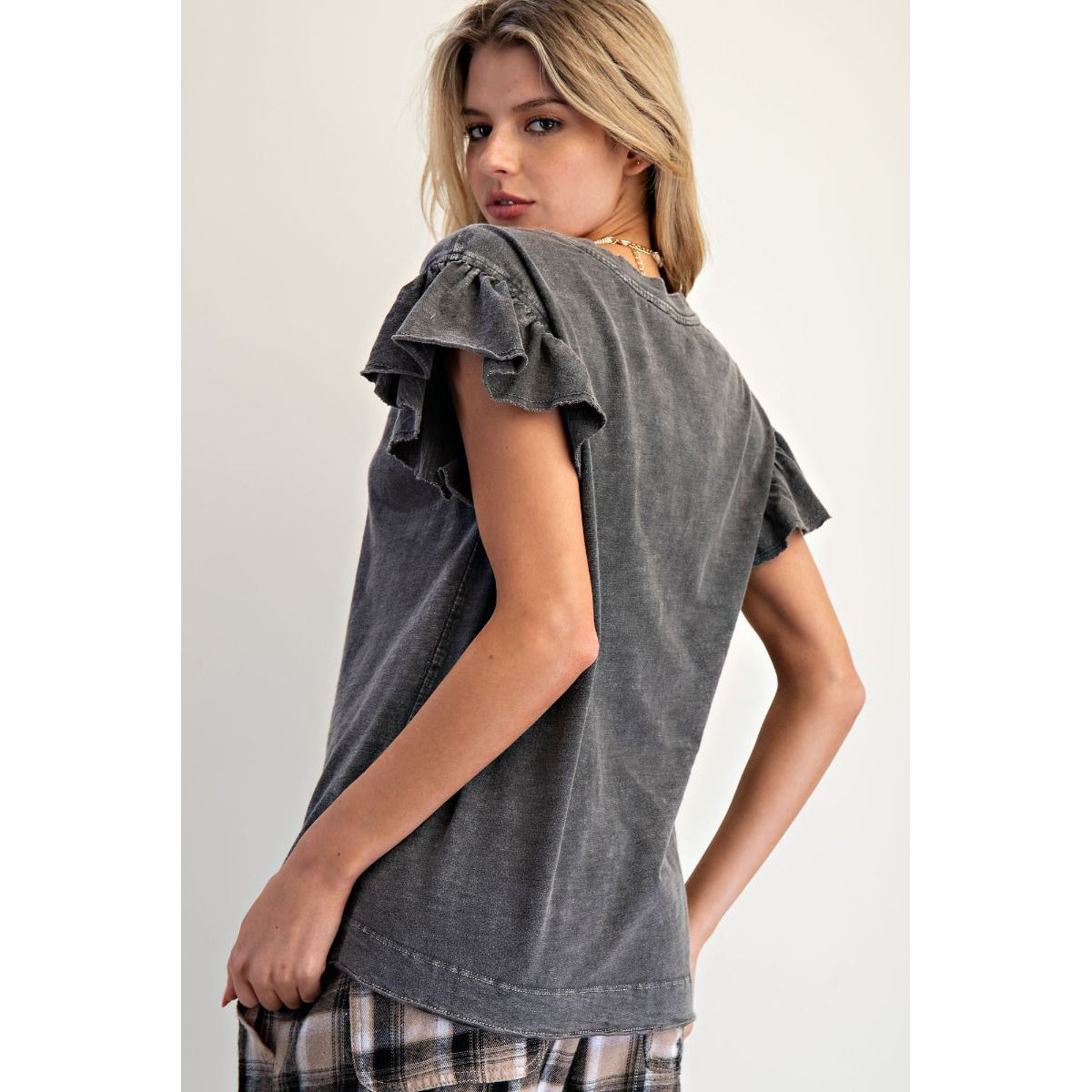 Easel - Wing Sleeve, Mineral Washed Top w Raw Edges 1431 - Black