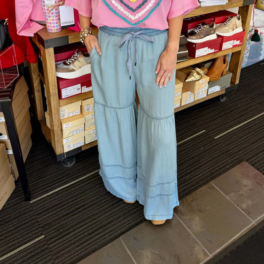 Washed Denim Tiered Wide Leg Pants 7002 - Light Denim
