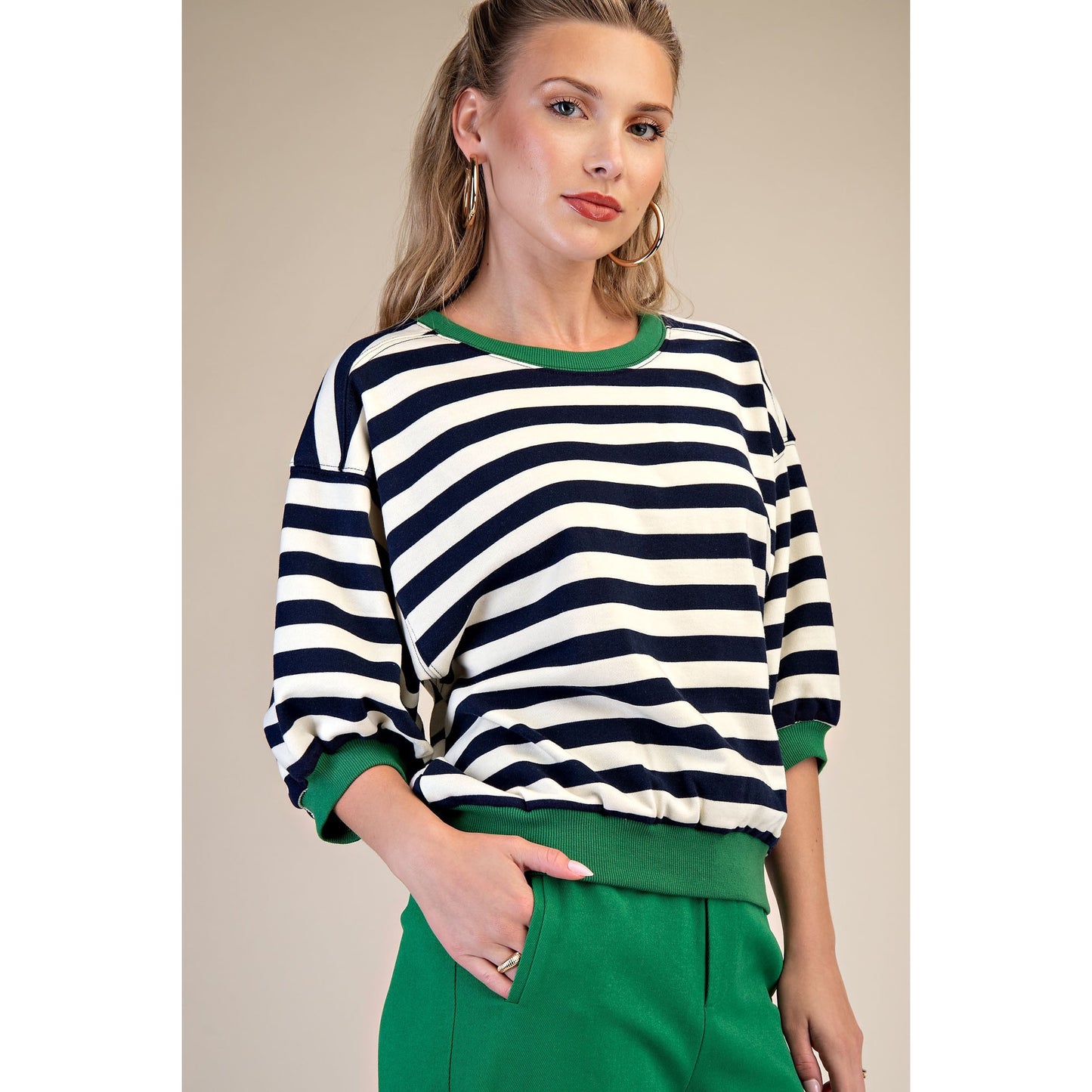 Navy Stripe Knit Top – Green Trim Short Sleeve Sweater - 9528