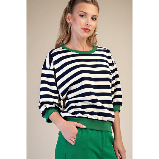 Navy Stripe Knit Top – Green Trim Short Sleeve Sweater - 9528