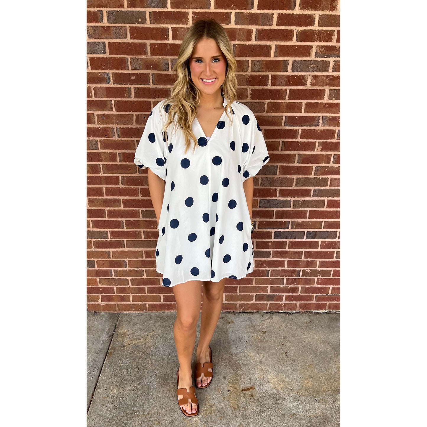 Polka Dot V-Neck Mini Dress – Cream & Navy Relaxed Fit Dress 8846