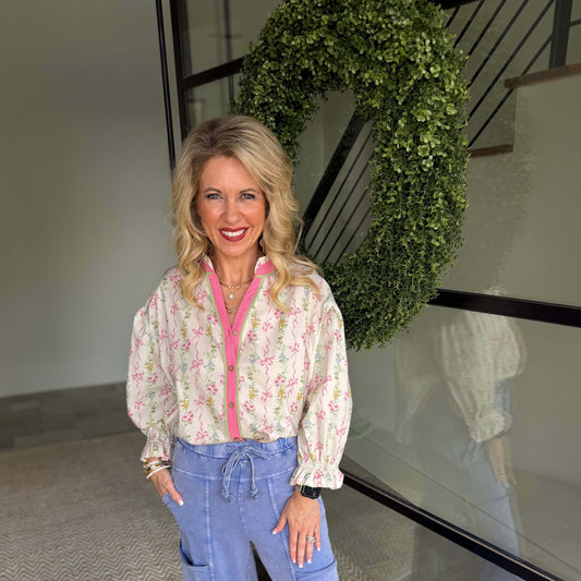 Easel - Floral Printed, Stretch Poplin Button Down Top 9158 - Pink