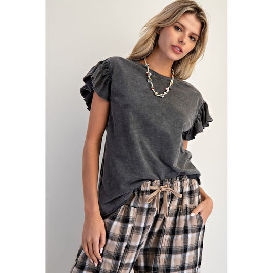 Easel - Wing Sleeve, Mineral Washed Top w Raw Edges 1431 - Black