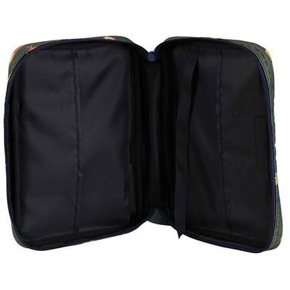 Black zippered pouch with floral pattern on a white background