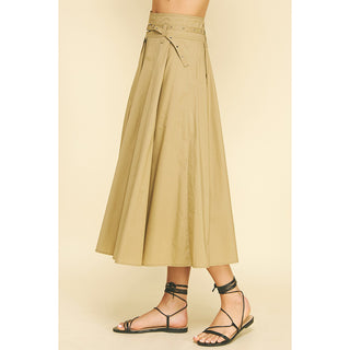 Pinch -  Pleated A-line Midi Skirt With Belt 6413 - Khaki