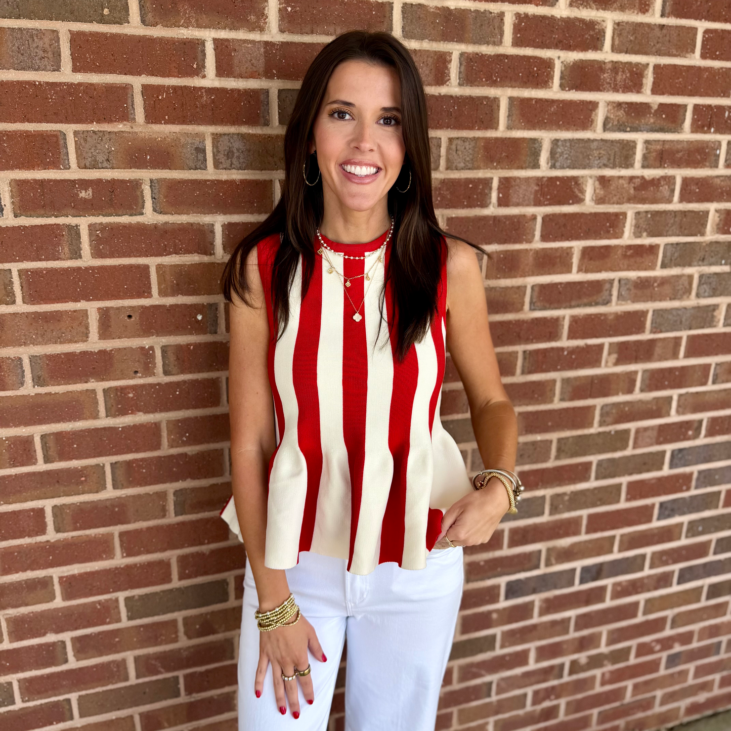 Red & White Striped Sleeveless Peplum Top – Knit Tank 1153